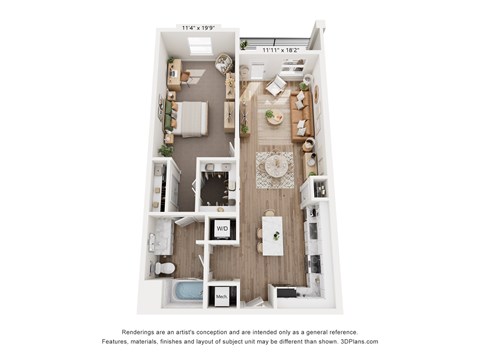 Floor plan for 1 bed, 1 bath, 959 sqft